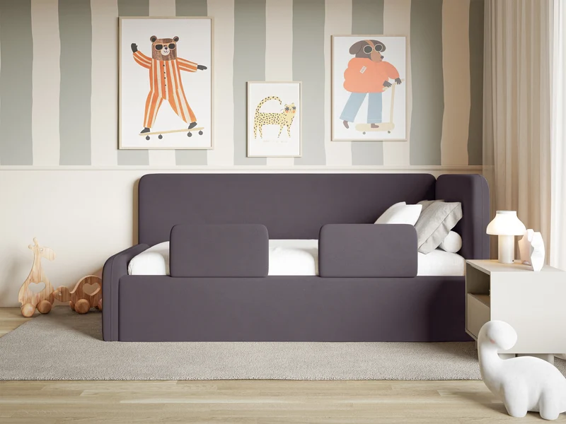 Jugendbett 90x200 cm Fanklo rechtsseitig mit Stauraum und Geländern, violetter Velours, wasserabweisend und leicht zu reinigen
