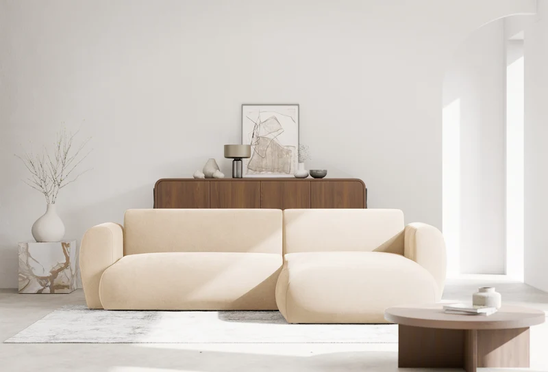 Ecksofa mit Schlaffunktion Emia, L-förmig, rechtsseitig, hellbeige Chenille