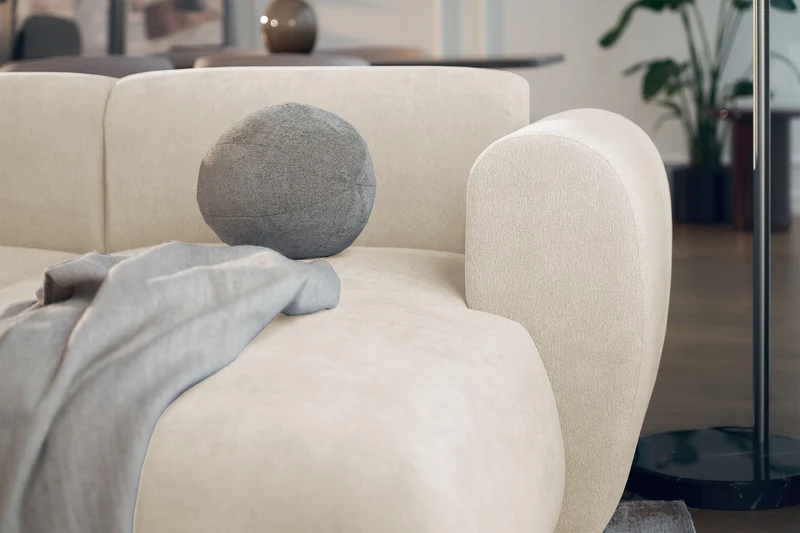Ecksofa mit Schlaffunktion Emia, L-förmig, rechtsseitig, hellbeige Chenille