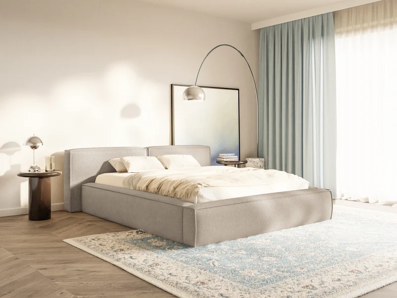 Polsterbett 160x200 cm Tilves Low mit Stauraum, Metallrahmen, beige Chenille