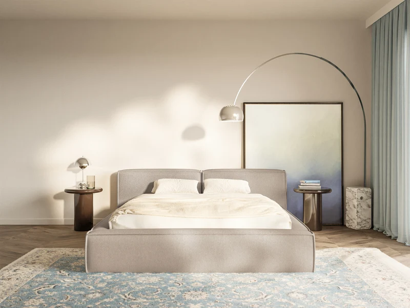 Polsterbett 160x200 cm Tilves Low mit Stauraum, Metallrahmen, beige Chenille