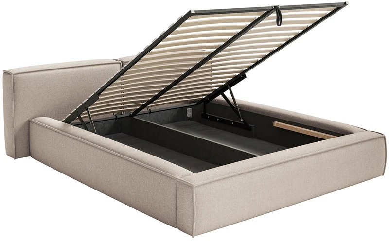 Polsterbett 160x200 cm Tilves Low mit Stauraum, Metallrahmen, beige Chenille