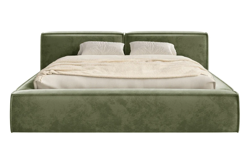Polsterbett 200x200 cm Tilves Low mit Stauraum, Metallrahmen, olivgrüner Samtbezug