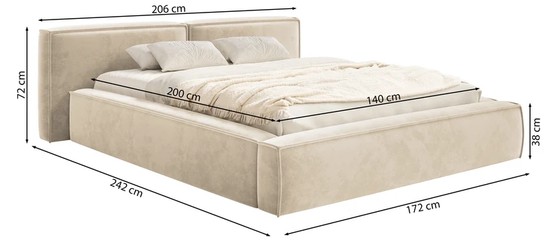 Polsterbett 140x200 cm Tilves Low mit Stauraum, Metallrahmen, grau-beiger Samt