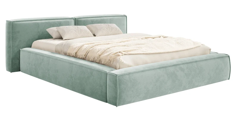 Gepolstertes Bett 200x200 cm Tilves Low mit Stauraum, Metallrahmen, salbeigrüner Samt