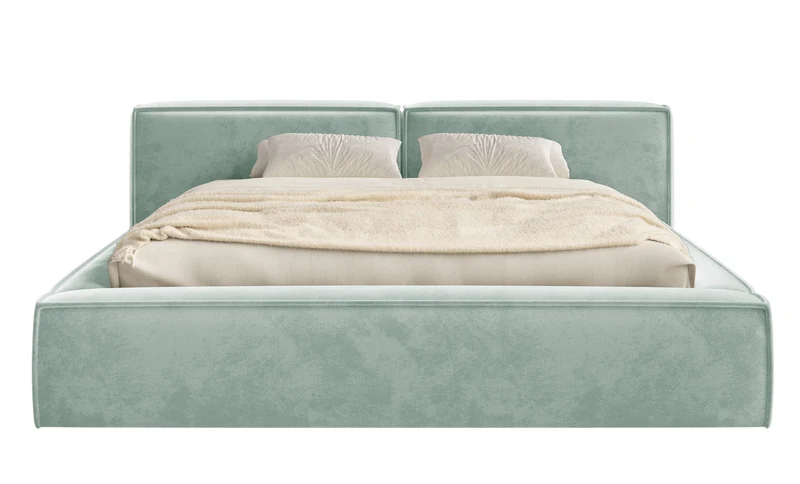 Gepolstertes Bett 200x200 cm Tilves Low mit Stauraum, Metallrahmen, salbeigrüner Samt