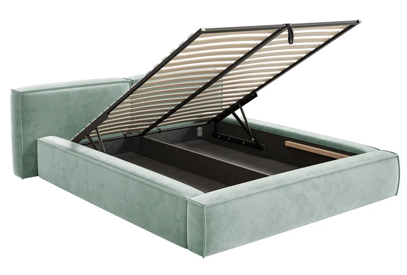 Gepolstertes Bett 200x200 cm Tilves Low mit Stauraum, Metallrahmen, salbeigrüner Samt
