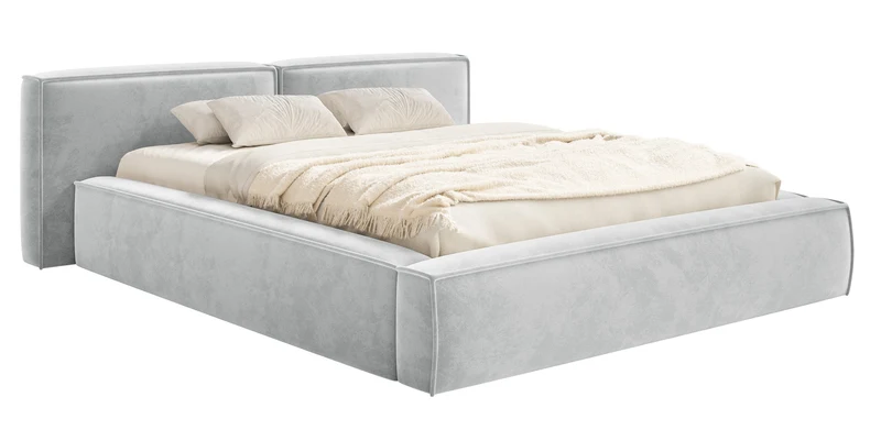 Polsterbett 200x200 cm Tilves Low mit Stauraum, Metallrahmen, hellgrauer Samt