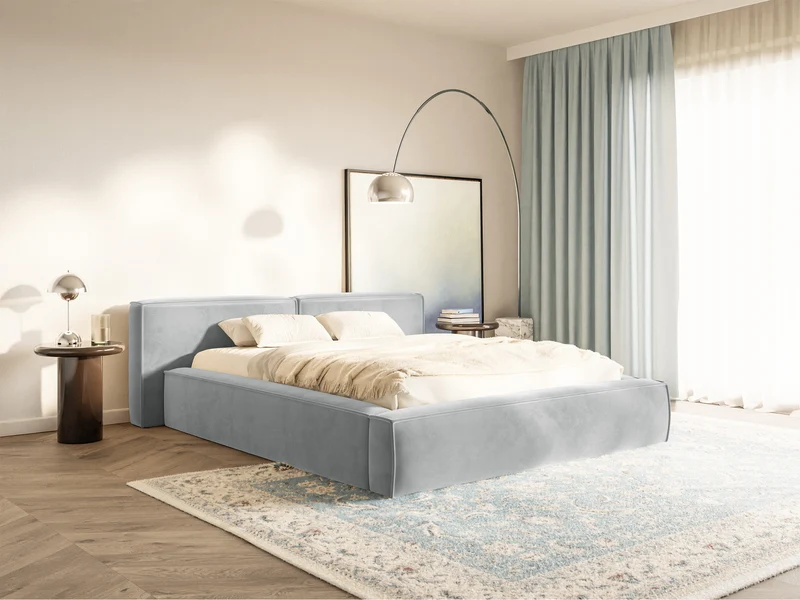 Polsterbett 200x200 cm Tilves Low mit Stauraum, Metallrahmen, hellgrauer Samt