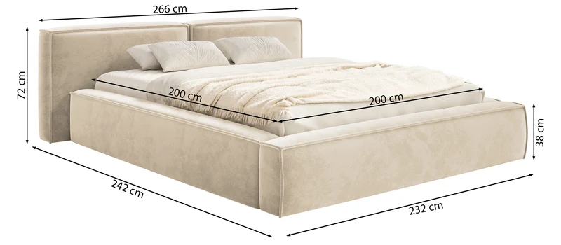 Gepolstertes Bett 200x200 cm Tilves Low mit Stauraum, Metallrahmen, salbeigrüner Samt
