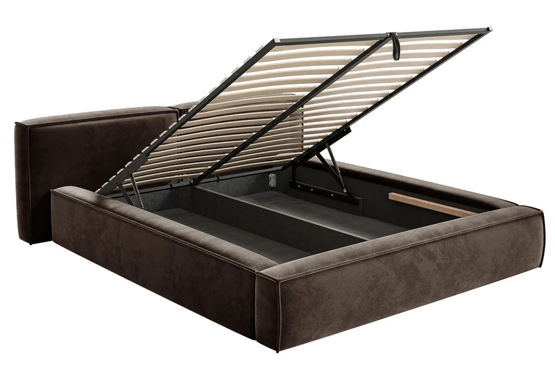 Polsterbett 140x200 cm Tilves Low mit Stauraum, Metallrahmen, brauner Samt