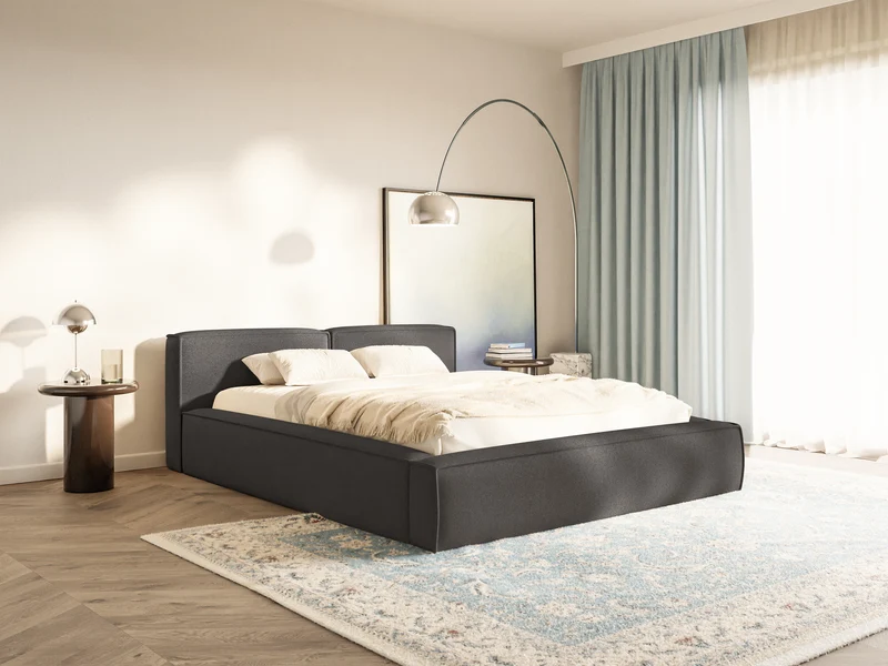 Polsterbett 140x200 cm Tilves Slim Low mit Stauraum, Metallrahmen, grafitfarbener Chenillestoff