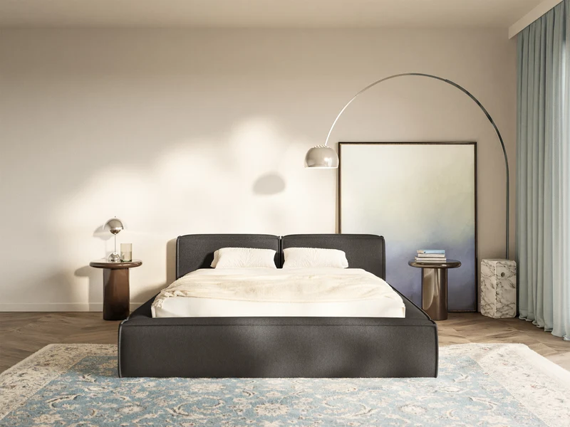 Polsterbett 140x200 cm Tilves Slim Low mit Stauraum, Metallrahmen, grafitfarbener Chenillestoff