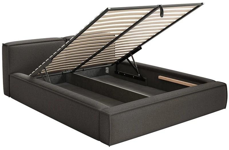 Polsterbett 140x200 cm Tilves Slim Low mit Stauraum, Metallrahmen, grafitfarbener Chenillestoff