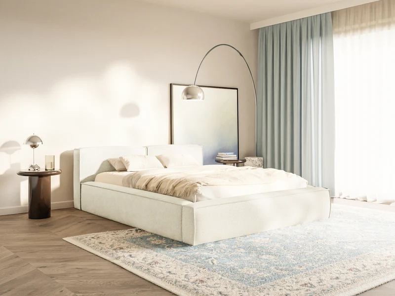 Polsterbett 200x200 cm Tilves Slim Low mit Stauraum, Metallrahmen, cremefarbener Chenille