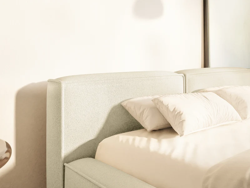 Polsterbett 200x200 cm Tilves Slim Low mit Stauraum, Metallrahmen, cremefarbener Chenille