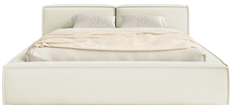 Polsterbett 200x200 cm Tilves Slim Low mit Stauraum, Metallrahmen, cremefarbener Chenille