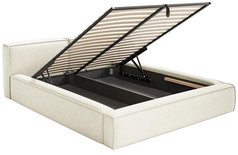 Polsterbett 200x200 cm Tilves Slim Low mit Stauraum, Metallrahmen, cremefarbener Chenille