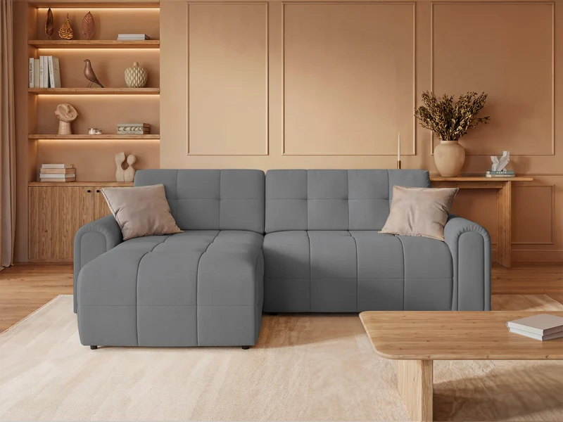Ecksofa mit Schlaffunktion Simolla, L-förmig, linksseitig, mit Stauraum, grauer Chenille-Bezug