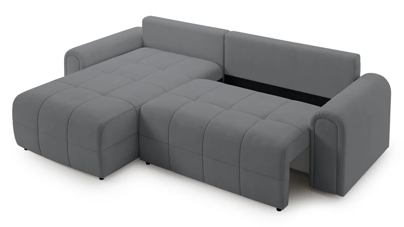 Ecksofa mit Schlaffunktion Simolla, L-förmig, linksseitig, mit Stauraum, grauer Chenille-Bezug