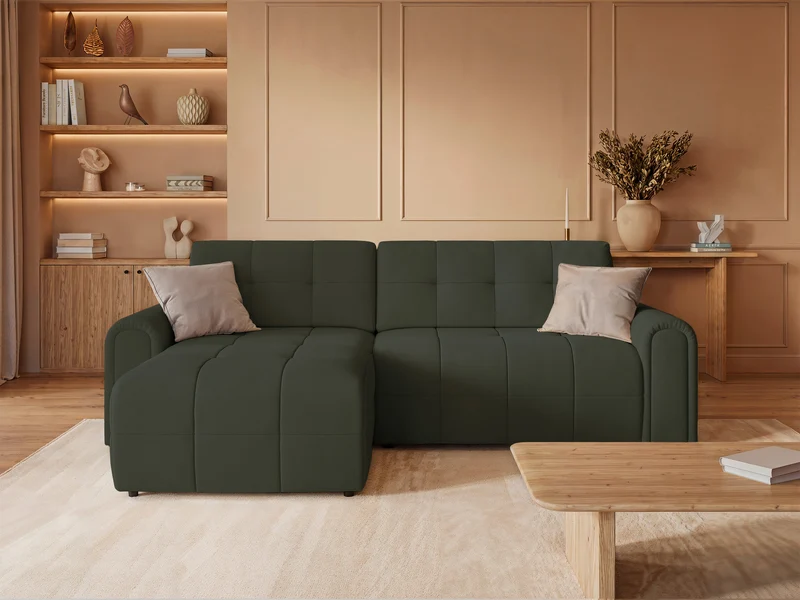 Ecksofa mit Schlaffunktion Simolla, L-förmig, linksseitig, mit Stauraum, olivgrüner Chenillebezug