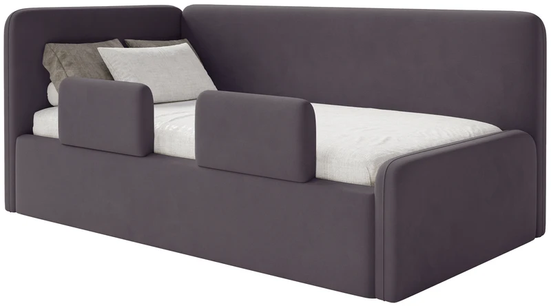Jugendbett 90x200 cm Fanklo linksseitig mit Matratze, Stauraum und Geländern, violetter Velours, wasserabweisend und leicht zu reinigen