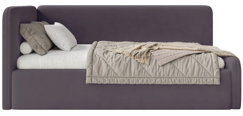 Jugendbett 90x200 cm Fanklo linksseitig mit Stauraum, violetter Velours, wasserabweisend und pflegeleicht