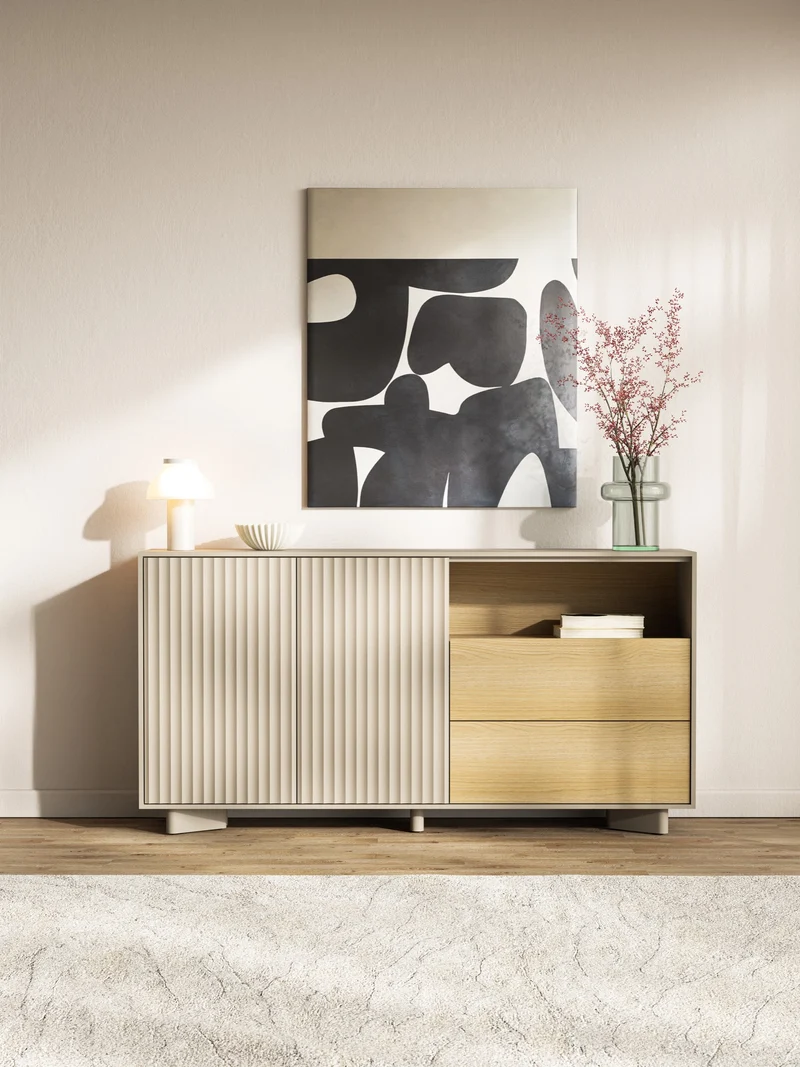 Zweiturige Kommode Distria mit Schubladen und geriffelter Front, 156 cm, Kaschmir/Vicenza-Eiche