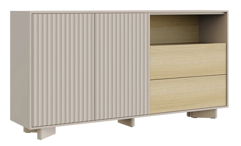 Zweiturige Kommode Distria mit Schubladen und geriffelter Front, 156 cm, Kaschmir/Vicenza-Eiche