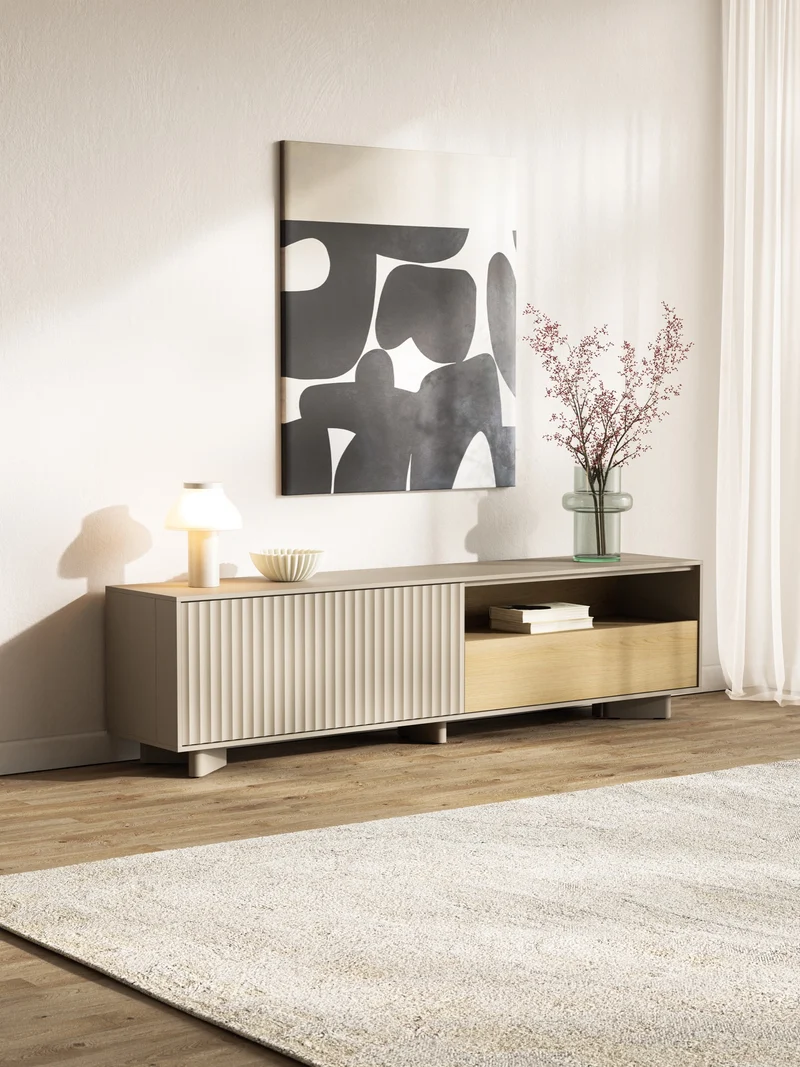 TV-Schrank Distria mit Schublade und geriffelter Front 175 cm Kaschmir/Vicenza-Eiche