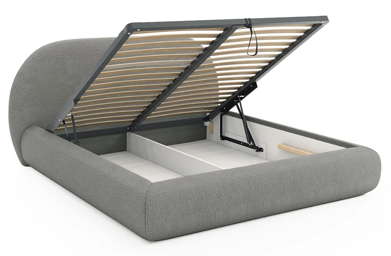 Gepolstertes Bett 160x200 cm Buvio mit Stauraum, Metallrahmen, grauer Bouclé-Stoff