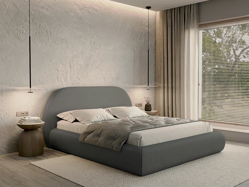 Gepolstertes Bett 160x200 cm Buvio mit Stauraum, Metallrahmen, grauer Bouclé-Stoff