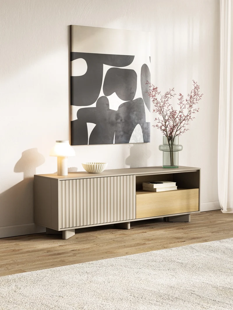 TV-Schrank Distria mit Schublade und geriffelter Front, 140 cm, Kaschmir/Vicenza-Eiche
