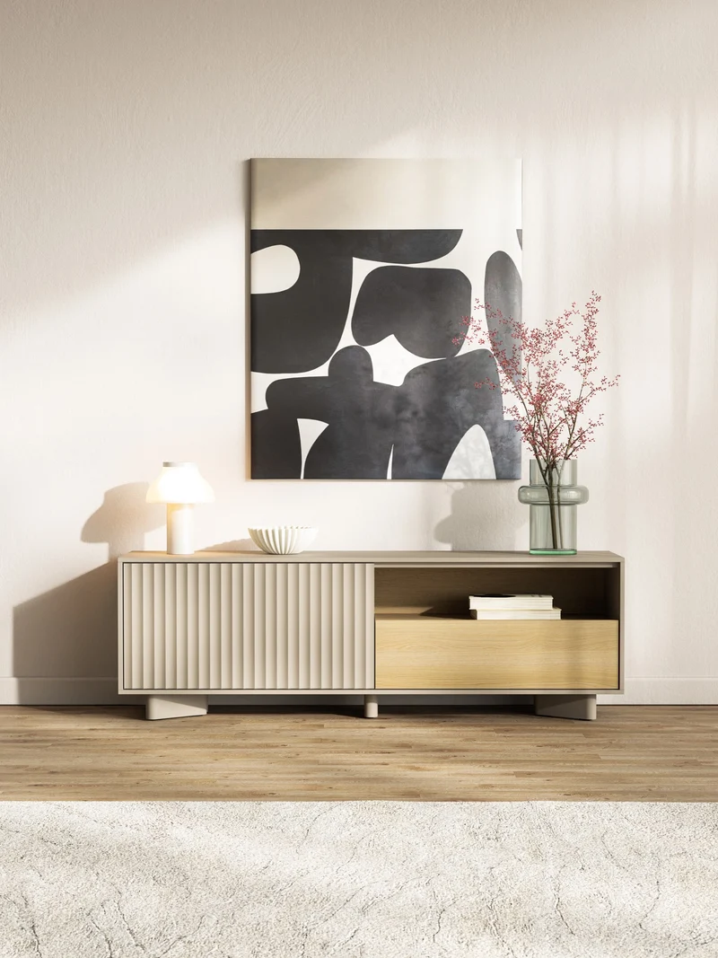 TV-Schrank Distria mit Schublade und geriffelter Front, 140 cm, Kaschmir/Vicenza-Eiche