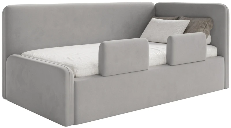 Jugendbett 90x200 cm Fanklo rechtsseitig mit Stauraum und Geländern, hellgrauer Velours, wasserabweisend und pflegeleicht