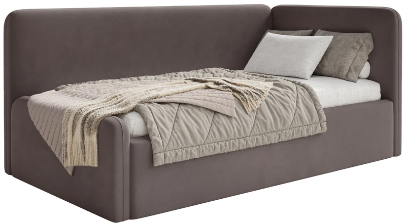 Jugendbett 90x200 cm Fanklo rechtsseitig mit Matratze, Stauraum und Geländern, brauner Velours, wasserabweisend und leicht zu reinigen