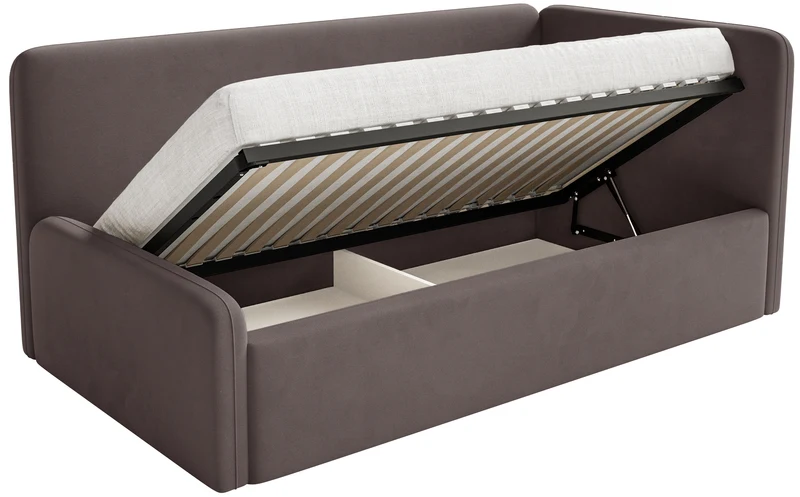 Jugendbett 90x200 cm Fanklo rechtsseitig mit Matratze, Stauraum und Geländern, brauner Velours, wasserabweisend und leicht zu reinigen