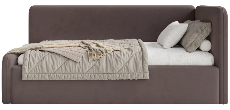 Jugendbett 90x200 cm Fanklo rechtsseitig mit Matratze, Stauraum und Geländern, brauner Velours, wasserabweisend und leicht zu reinigen