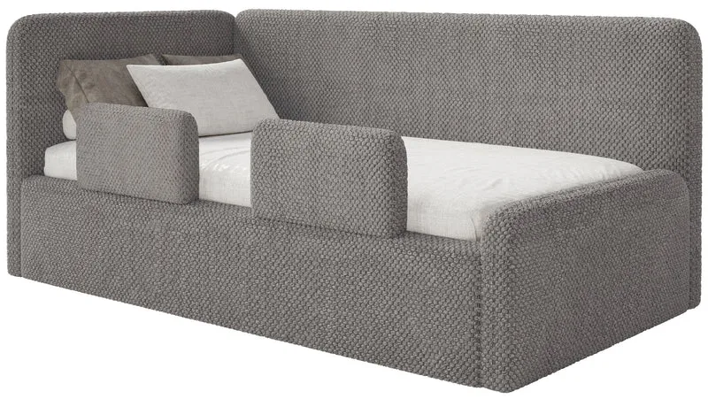 Jugendbett 90x200 cm Fanklo linksseitig mit Matratze, Stauraum und Geländern, graubrauner Plüsch, wasserabweisend