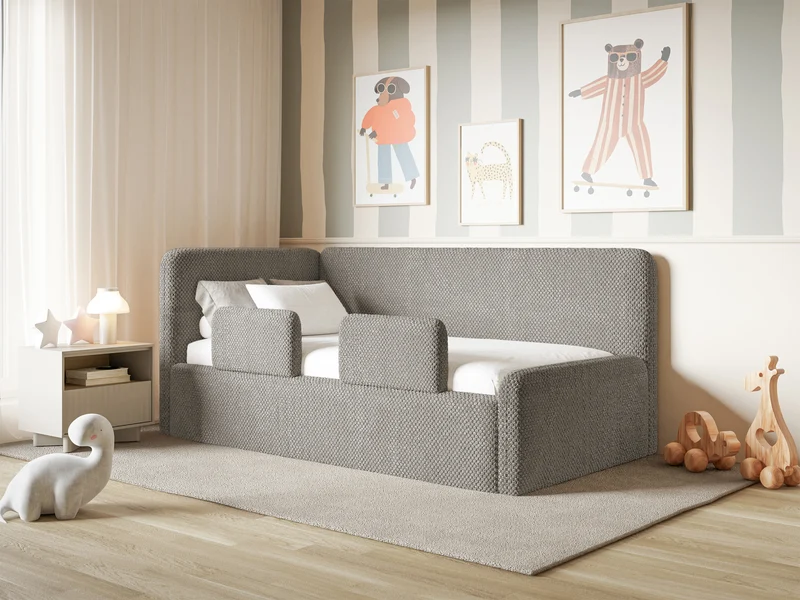 Jugendbett 90x200 cm Fanklo linksseitig mit Matratze, Stauraum und Geländern, graubrauner Plüsch, wasserabweisend