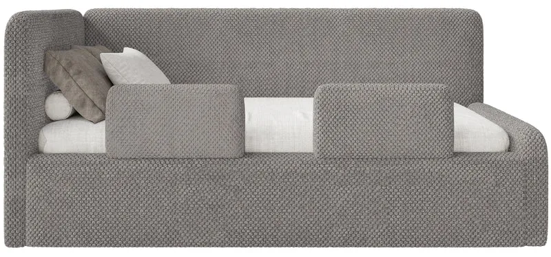 Jugendbett 90x200 cm Fanklo linksseitig mit Matratze, Stauraum und Geländern, graubrauner Plüsch, wasserabweisend