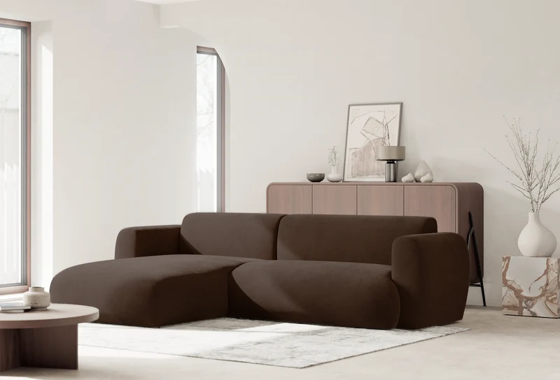 Ecksofa mit Schlaffunktion Emia, L-förmig, linksseitig, braunes Chenille