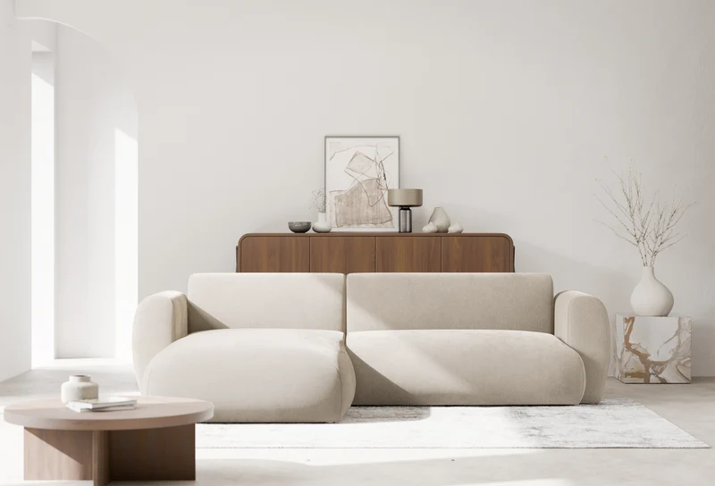 Ecksofa mit Schlaffunktion Emia, L-förmig, linksseitig, beige Chenille