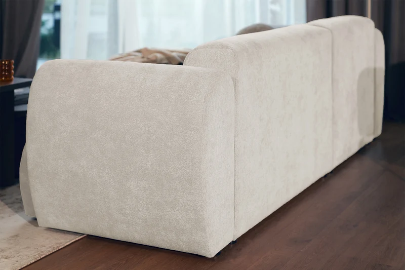 Ecksofa mit Schlaffunktion Emia, L-förmig, linksseitig, beige Chenille