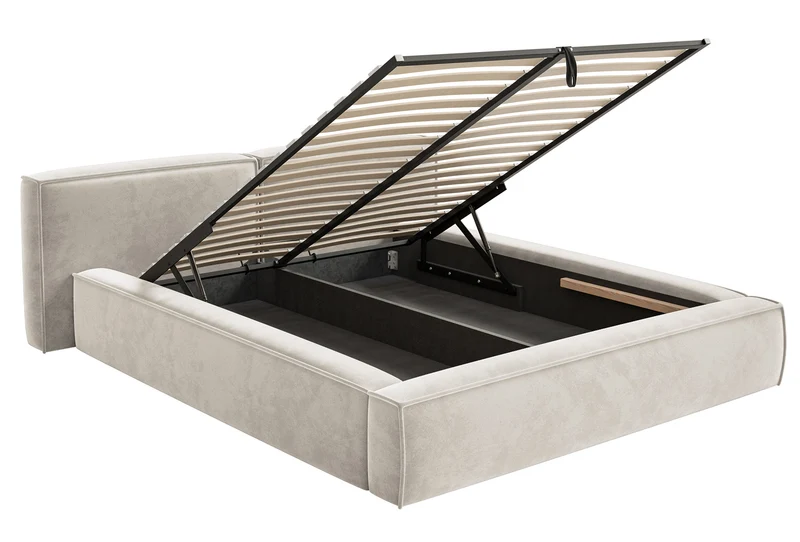 Polsterbett 140x200 cm Tilves Low mit Stauraum, Metallrahmen, grau-beiger Samt