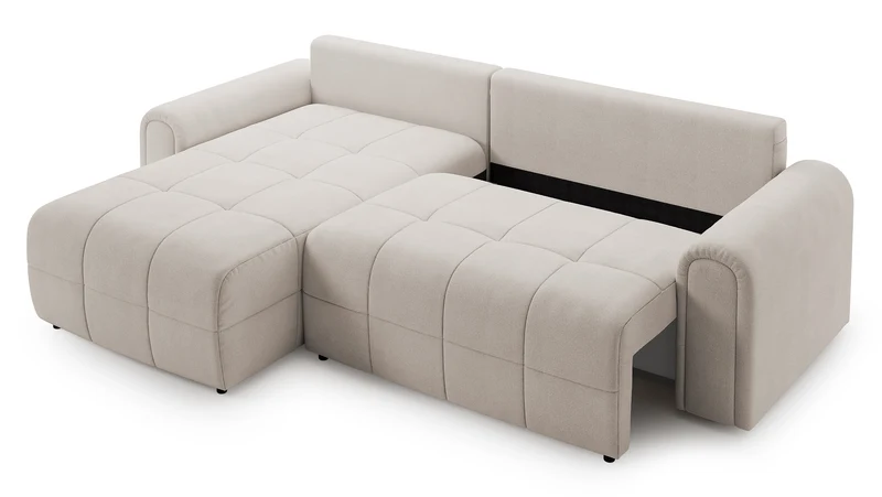 Simolla Ecksofa mit Schlaffunktion, L-Form, linksseitig, mit Stauraum, cremefarbenes Chenille