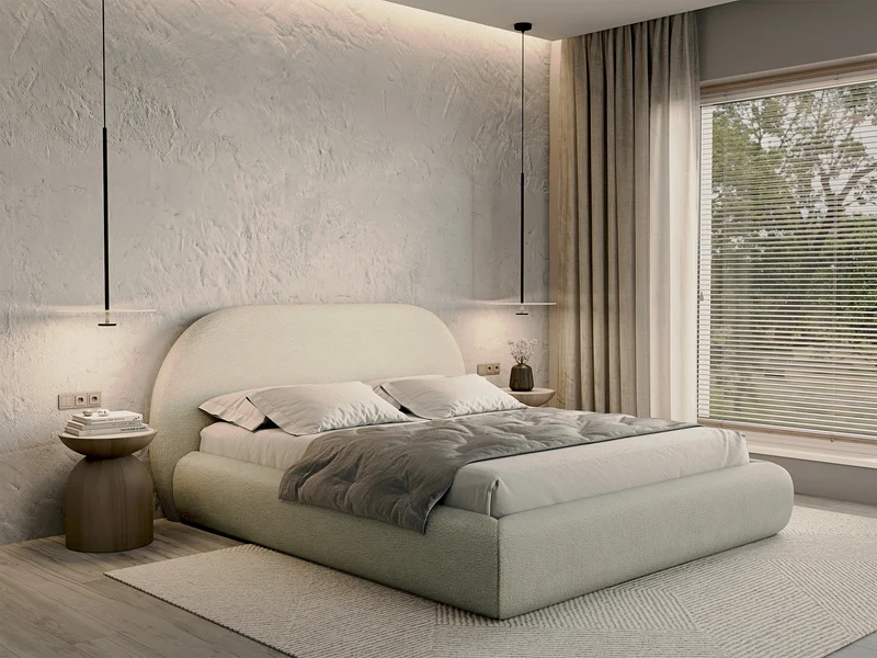 Polsterbett 180x200 cm Buvio mit Stauraum, Metallrahmen, cremefarbenes Bouclé