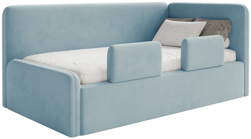 Jugendbett 90x200 cm Fanklo rechtsseitig mit Matratze, Stauraum und blauen, wasserabweisenden, leicht zu reinigenden Samtgeländern