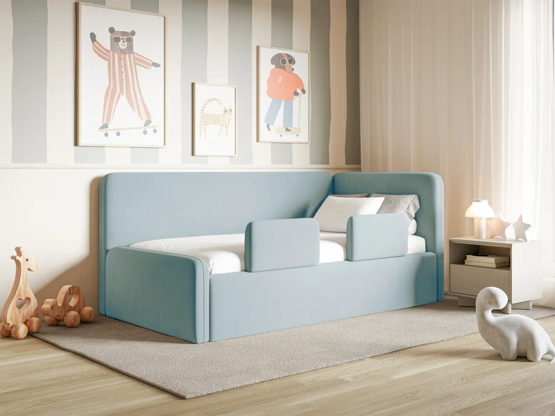 Jugendbett 90x200 cm Fanklo rechtsseitig mit Matratze, Stauraum und blauen, wasserabweisenden, leicht zu reinigenden Samtgeländern