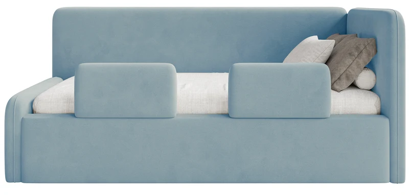 Jugendbett 90x200 cm Fanklo rechtsseitig mit Matratze, Stauraum und blauen, wasserabweisenden, leicht zu reinigenden Samtgeländern